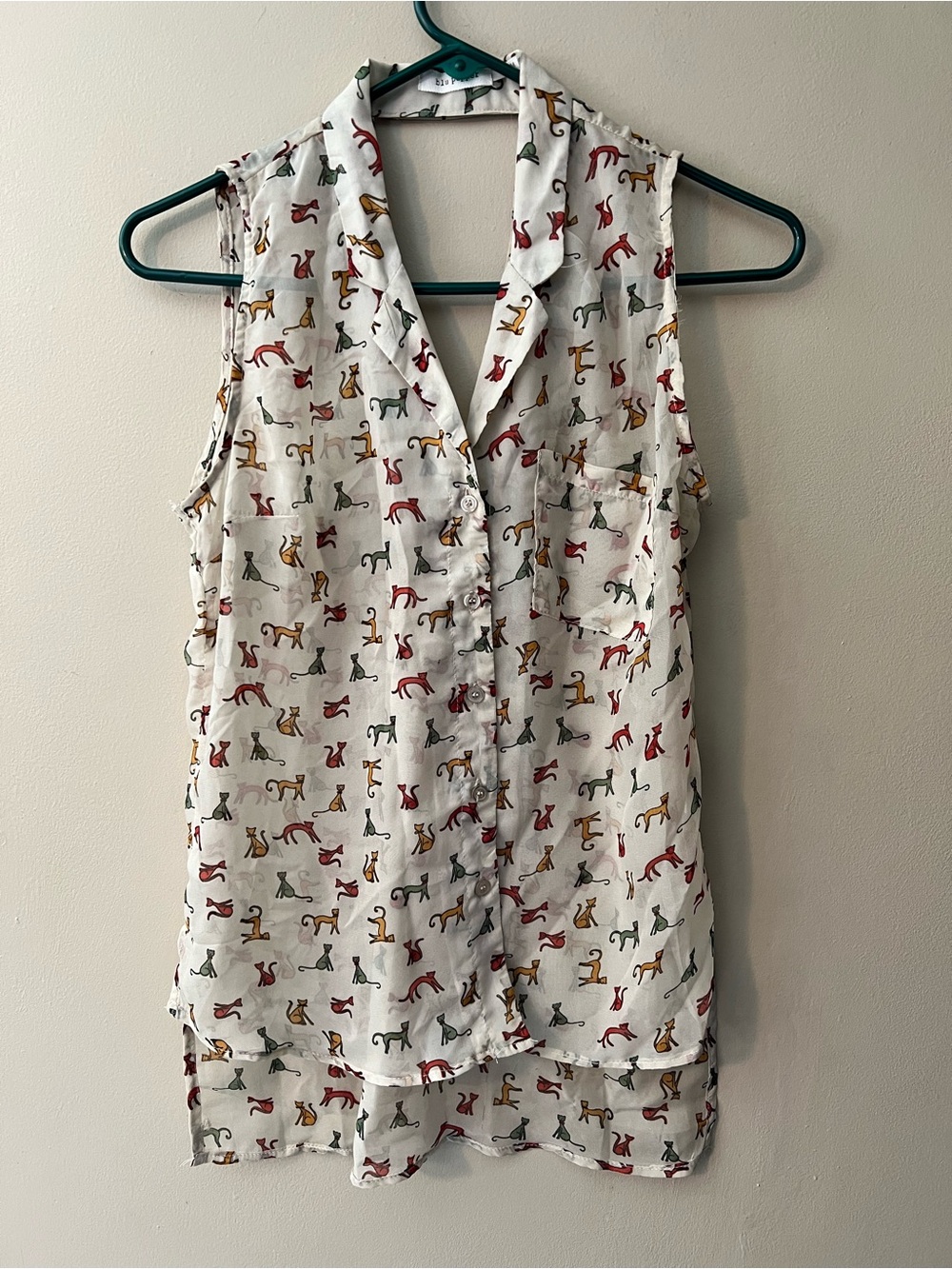 Blu Pepper sz M sleeveless halter style semi sheer button down blouse. Cat print